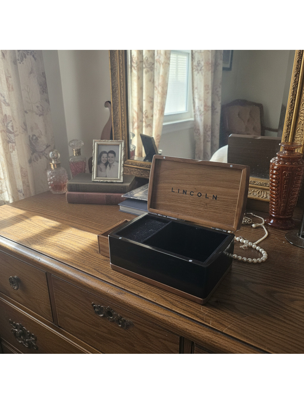 Lincoln Advertising Jewelry Wood Box With Drawer Magnetic Lid Felt Lined